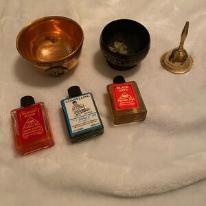 Hocus-Pocus Assorted Mini Ritual Oils & Brass Bowls Set - Red, Blue, Gold, Black